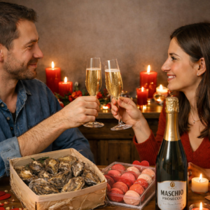 Pack Saint Valentin Diner romantique pour la saint valentin accompagné d'une bourriche d'huitres, de macarons et d'un verre de prosecco